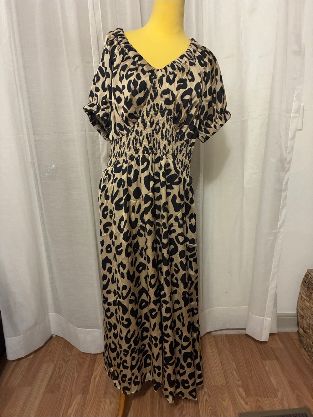 On 34th Smocked Waist Leopard Print Maxi Dress Satin Beige/Black Size 2X